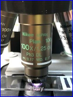 Nikon Plan 100x / 1.25 PH3 DL Infinity WD 0.17 Phase Microscope Objective 110%