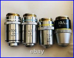 Set Of 4 Nikon Microscope Objectives, Plan 100, DIC 40, 10P & 10